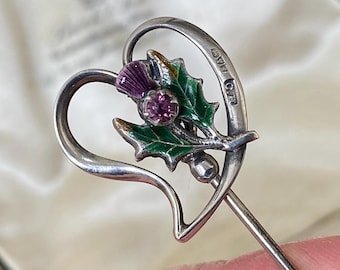 Stunning antique “Charles Horner”  English chester hallmarked 1907 sterling silver & enamel Scottish thistle witches heart topped hat pin