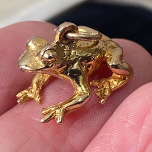 May include: A small, three-dimensional gold-coloured frog charm featuring a textured surface, prominent eyes, and detailed legs. The frog is depicted in a crouching position with a small circular jump ring attached to its back for hanging purposes.