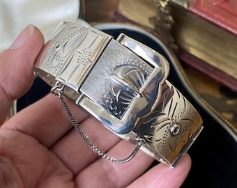 Fantastische vintage Victoriaanse revival Engels gestempeld 1975 massief sterlingzilver gegraveerd gespdetail manchet armband/armband