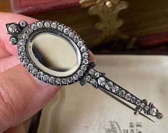Fabulous rare Antique Victorian Sterling silver & diamond paste mother of Pearl backed miniature hand mirror novelty brooch/pin