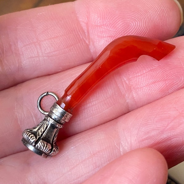 Unusual Antique victorian small sterling silver & carved carnelian horse hoof /fetlock Scottish cairn intaglio wax seal / charm /fob /pendan