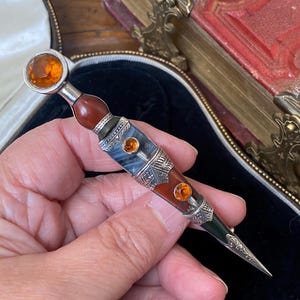 Stunning antique Victorian 1890 hallmarked sterling silver agate & citrine paste Scottish dirk kilt pin brooch