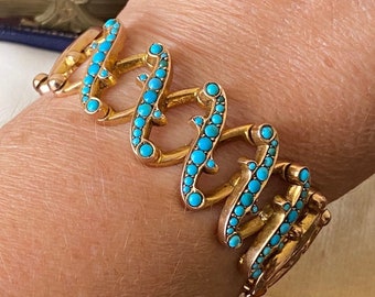 Amazing unusual antique Victorian/Edwardian hallmarked 15ct gold & turquoise expandable bangle /bracelet