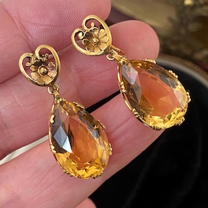Beautiful antique 375 9ct gold heart mounted citrine pendant drop screw back earrings