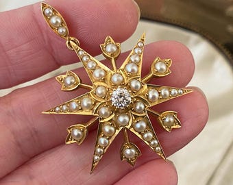 Stunning antique Victorian 750 18ct gold diamond and pearl star /starburst necklace pendant combined brooch /pin