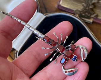 Fantastic unusual antique sterling silver and garnet scorpion insect brooch /pin