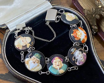 Stunning antique /vintage Sterling silver mounted hand painted Japanese toshikane porcelain multi god panel bracelet