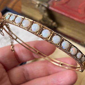 Magical romantic Vintage Victorian revival English hallmarked solid 375 9ct Gold multiple white Opal bracelet ,bangle
