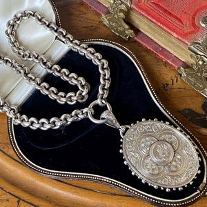 Fantastic antique Victorian sterling silver large engraved butterfly photograph locket necklace