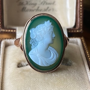 Stunning antique Victorian/Edwardian 375 9ct gold carved green hardstone goddess cameo portrait ring