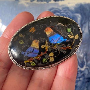 Unusual antique art deco sterling silver butterfly wing backed bird scene brooch /pin