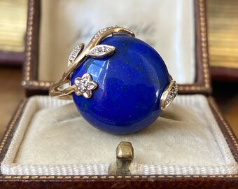 Stunning unusual vintage Hallmarked 375 9ct Gold lapis lazuli & diamond flower statement Ring