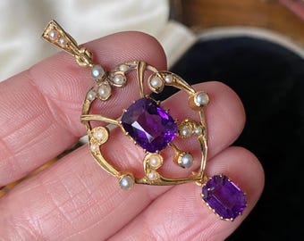 Stunning Antique Victorian /Edwardian 625 15ct gold seed pearl & amethyst necklace pendant (A)
