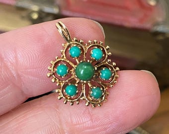 Fantastische ongewone vintage gemarkeerde 375 9kt gouden turquoise set bloemenbedel/kleine hanger
