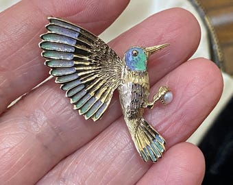 Fantastic vintage Norman Grant hallmarked solid 375 9ct gold & enamel hummingbird necklace pendant