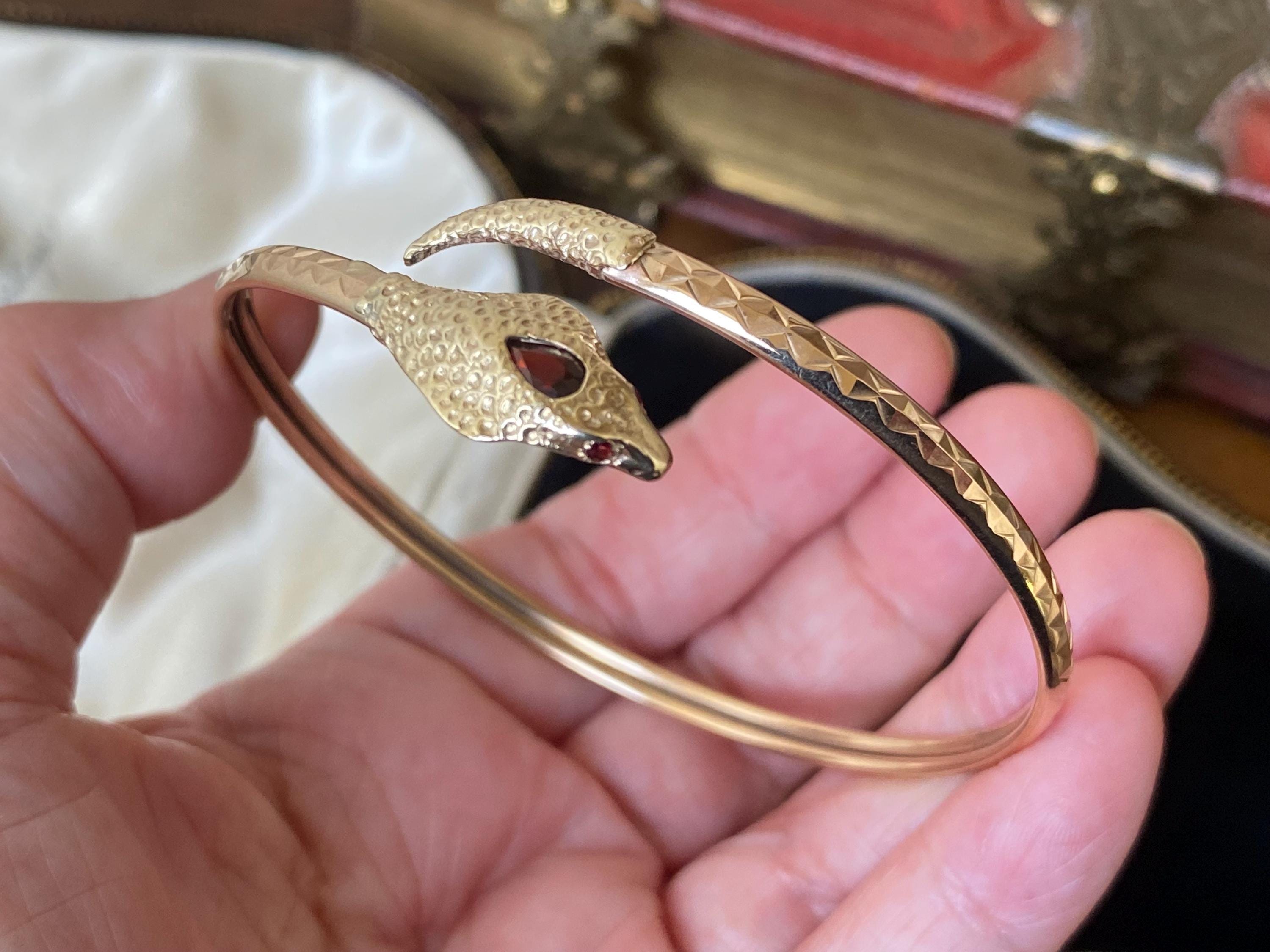 Fantastique bracelet/bracelet serpent cobra vintage, poinçonné anglais 375, or 9 carats et grenat, serpent cobra