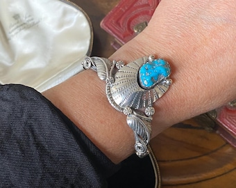 Fantastische ongewone vintage sterlingzilveren en turquoise Navajo-armband/armband van Ellen Myrtle