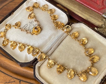 Stunning Antique victorian gilt metal multi citrine gemstone pendant necklace