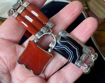 Stunning antique Victorian sterling silver and Scottish multi agate panel padlock bracelet