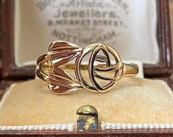 Fantastische vintage Schotse keurmerk 375 9kt gouden Rennie mackintosh rose designring (DD)