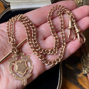 Fantastic antique English hallmarked 375 9ct pale rose gold double dog clip Albert watch chain fob charm necklace (AA)