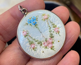 Beautiful antique/vintage Sterling silver hand painted guilloche enamel forget me not & rose flower swag locket necklace pendant