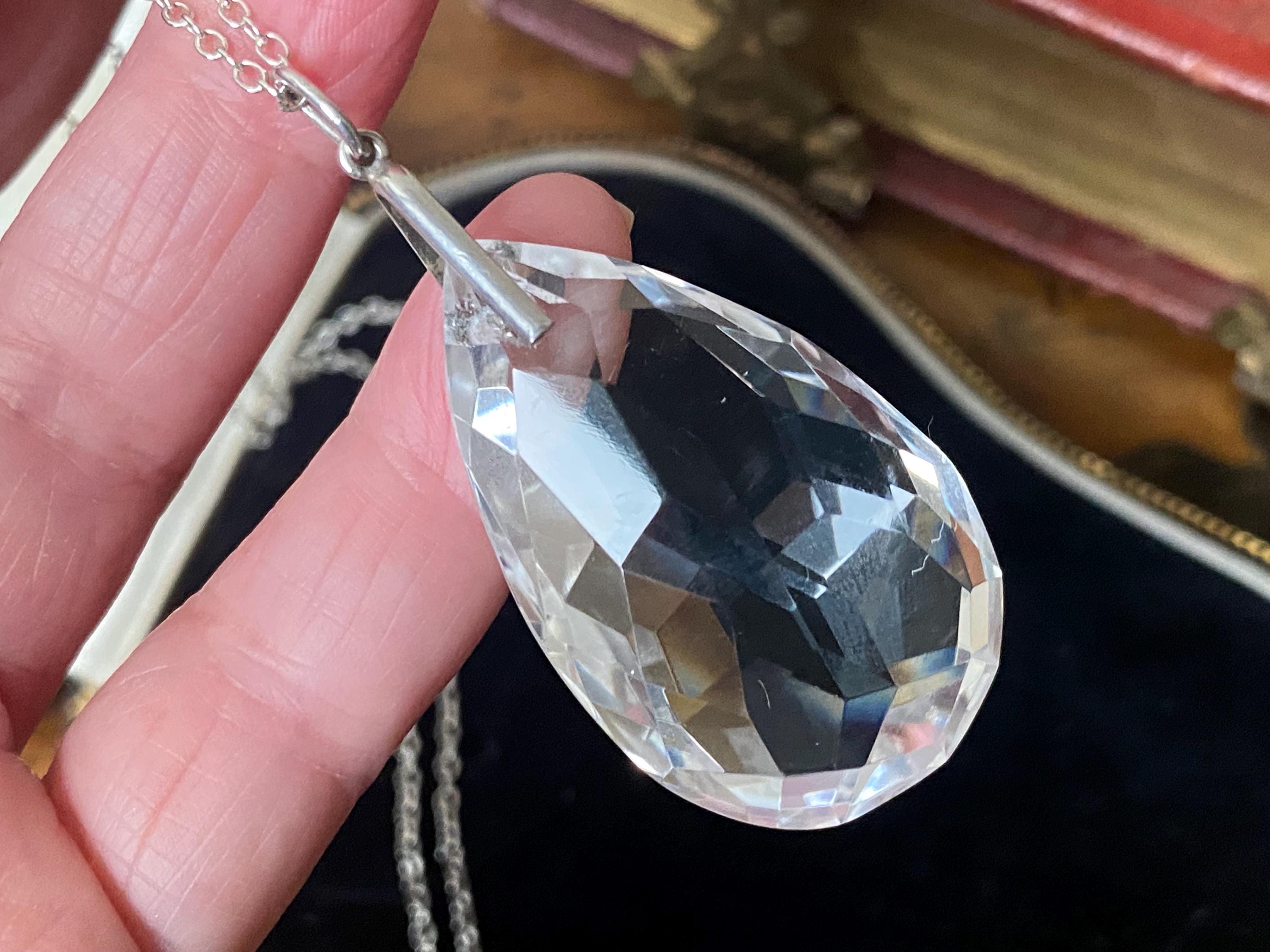 Stunning Antique Art Deco Faceted Rock Crystal Quartz Tear Drop