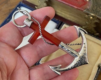 Stunning Large antique Victorian engraved Sterling silver scottish agate roped anchor nautical brooch /pin