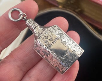 Fabulous antique sterling silver miniature scent / perfume bottle fob /pendant