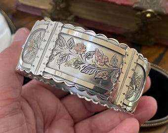 Beautiful antique Victorian 1884 English hallmarked sterling silver with gold highlighted rose /flowers cuff bracelet/bangle