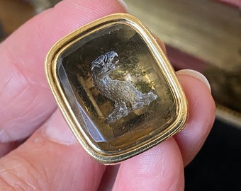 Unusual Antique Victorian 15ct gold cased heraldic griffin carved citrine intaglio fob wax seal / pendant