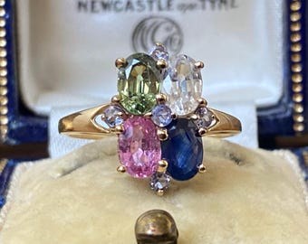 Beautiful unusual vintage English hallmarked 375 9ct gold multi gemstone harlequin ring
