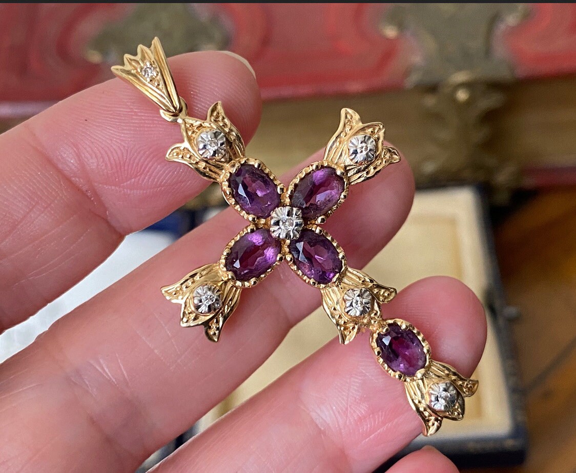 Stunning Vintage 585 14ct Gold Amethyst & Diamond Cross Necklace Pendant -  Etsy