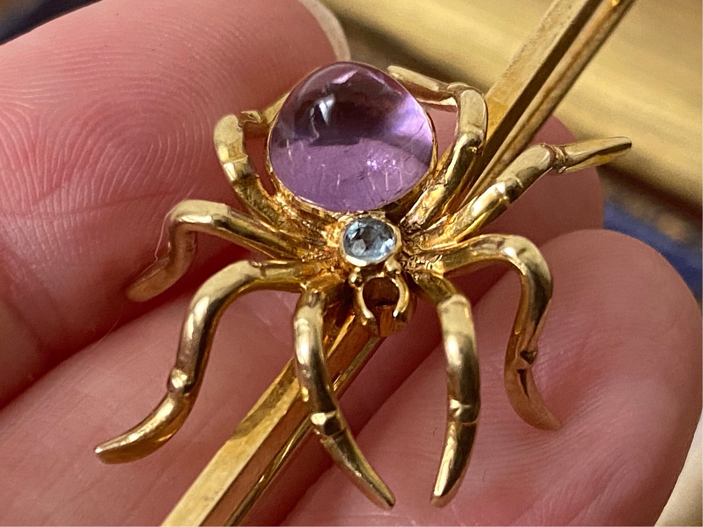Large Victorian 15ct Gold Amethyst and Aquamarine Spider Brooch
