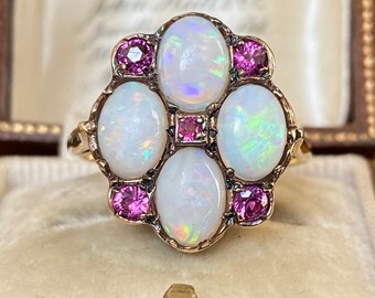 Beautiful vintage Victorian revival English hallmarked 375 9ct Gold multi opal & Ruby statement Ring