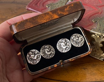 Beautiful Antique Victorian 1901 English hallmarked thick heavy sterling silver embossed cherub cufflinks in original box
