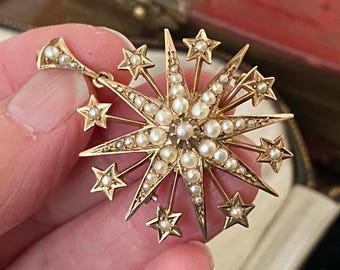 Stunning antique Edwardian 1903 English hallmarked 375 9ct gold seedpearl starburst pendant combined brooch /pin