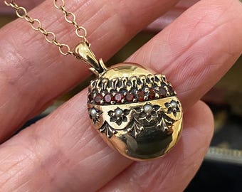 Prachtige vintage Engels gemarkeerde massief zware 375 9kt gouden parel en granaat open achterkant medaillon hanger ketting