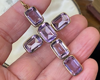Stunning antique gold on 850 silver amethyst gemstone cross necklace pendant