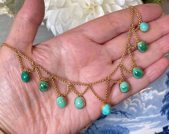 Stunning antique Victorian/Edwardian 750 18ct gold natural turquoise festoon pendant droplets collar necklace
