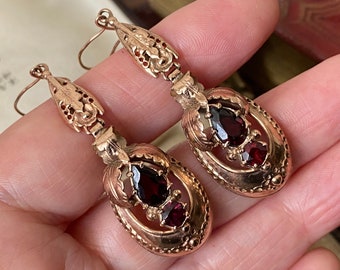 Large vintage victorian style heavy 9ct rose gold almandine garnet articulated pendant drop earrings