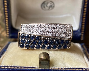 Fantastic unusual hallmarked 375 9ct gold sapphire & diamond block twist modernist statement ring