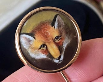 Stunning antique Victorian 375 9ct gold hand painted on porcelain fox head stick pin brooch