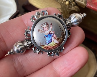 Fabulous Antique Victorian Sterling silver  enamel cupid /cherub/putti /fairy plaque brooch /pin