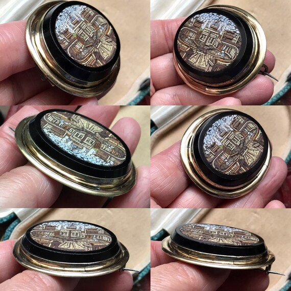 antique Victorian grand tour micro mosaic featuring St. Peter s square the vatican Rome Italy Miniature picture brooch pin
