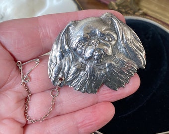Unusual antique novelty English hallmarked Sterling silver Pekingese dog brooch /pin (J)
