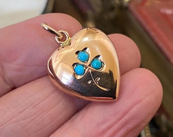 Stunning antique Victorian 375 9ct pale rose gold ,turquoise shamrock /clover puffed heart charm /small pendant