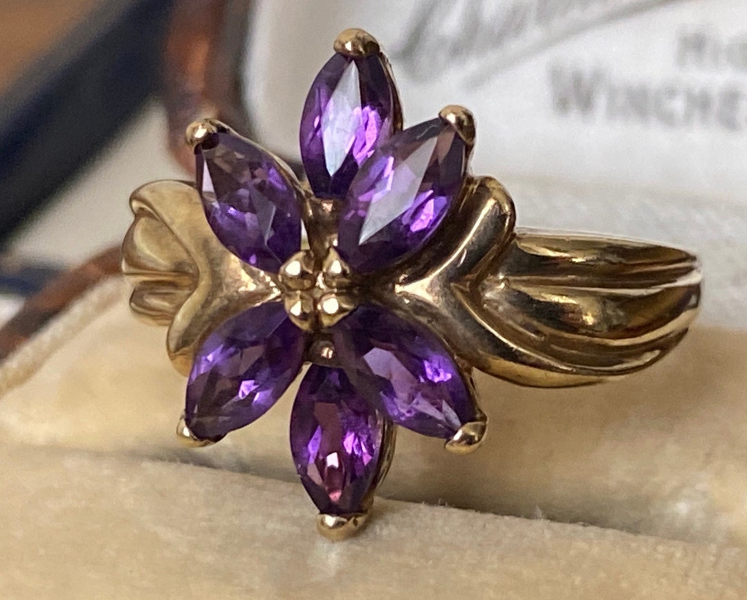 Stunning Unusual Hallmarked 375 9ct Gold Thick Mounted Amethyst Flower ...