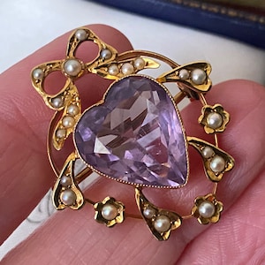 Prachtige antieke Edwardiaanse 18kt gouden echt gefacetteerde amethist & parel hart ketting hanger gecombineerde broche/speld