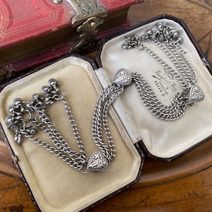 Unusual antique 800 silver hearts & tassel long chain button hole cloak /coat brooch type decoration